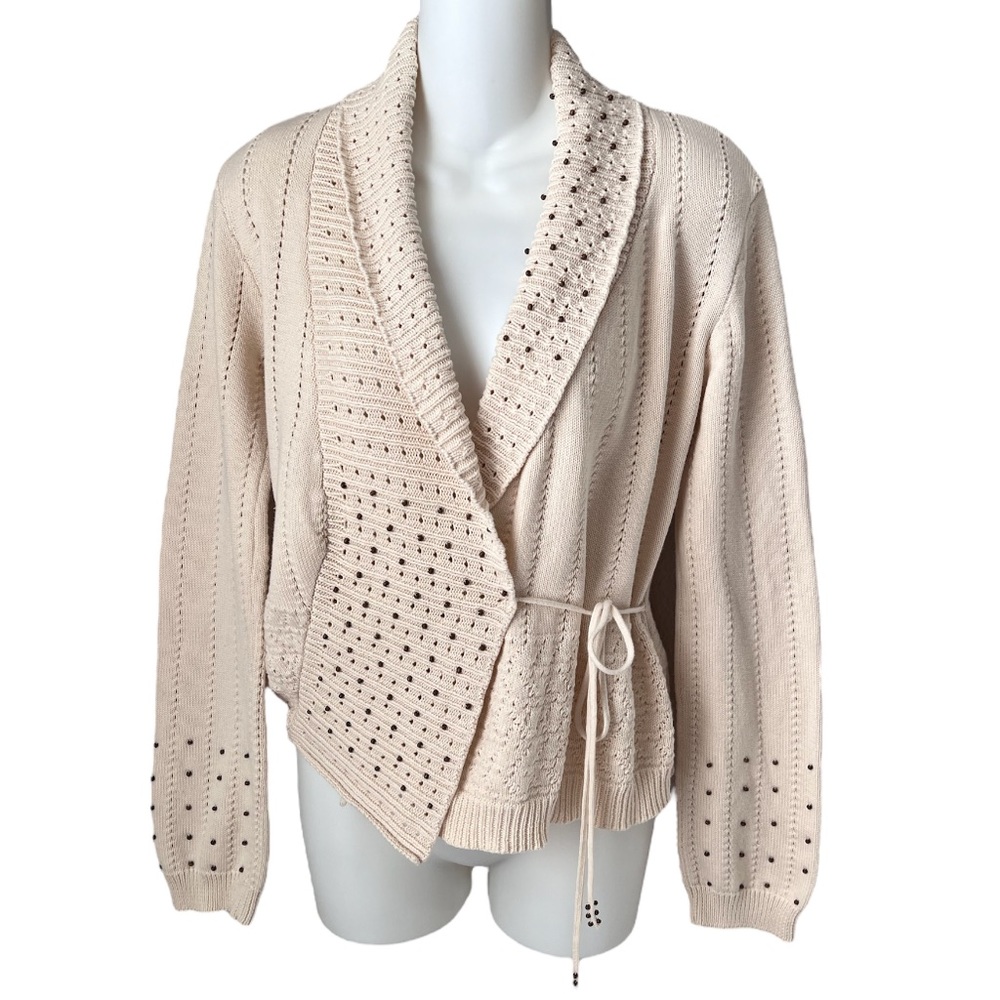 Metric Shawl Neck Long Sleeve Knit Wrap Tie Sweater Wood Bead Detail Size M Boho